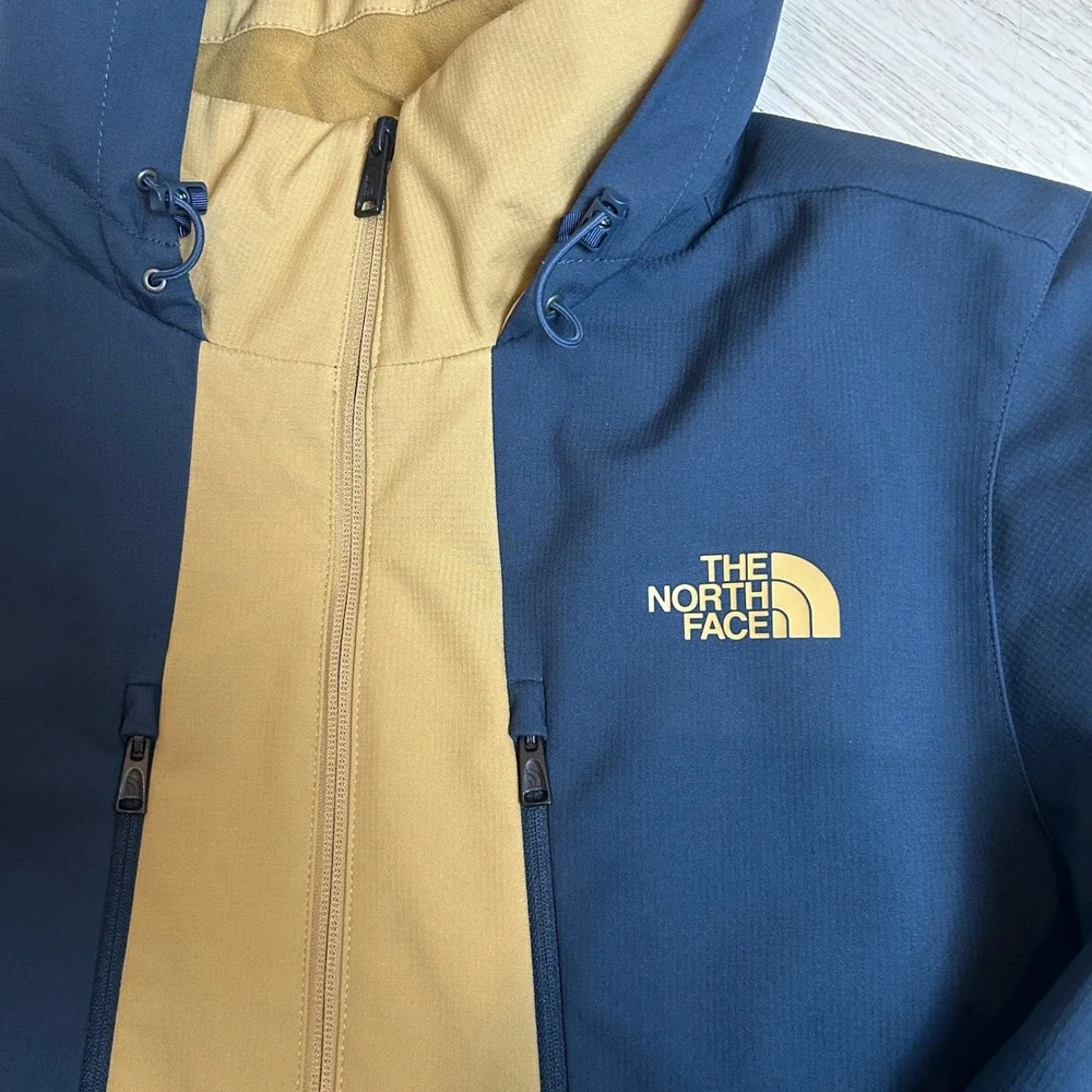 The North Face Mens Hooded Softshell Jacket Navy Blue Mustard Yellow Large